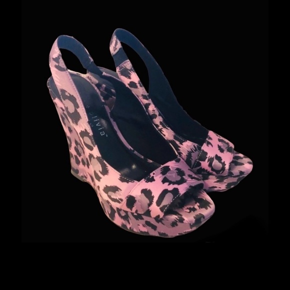 ηεω A+O Pink Leopard Slingback Peep-Toe Wedge Vintage Alice + Olivia Excellent - Picture 7 of 16